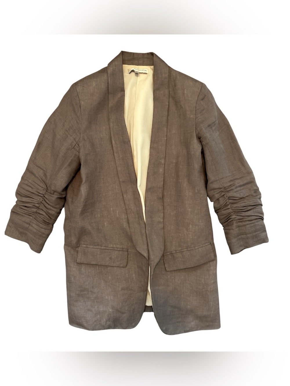 Lavender Brown Taupe Linen Blend Open Front Blazer Ruched Sleeves XS